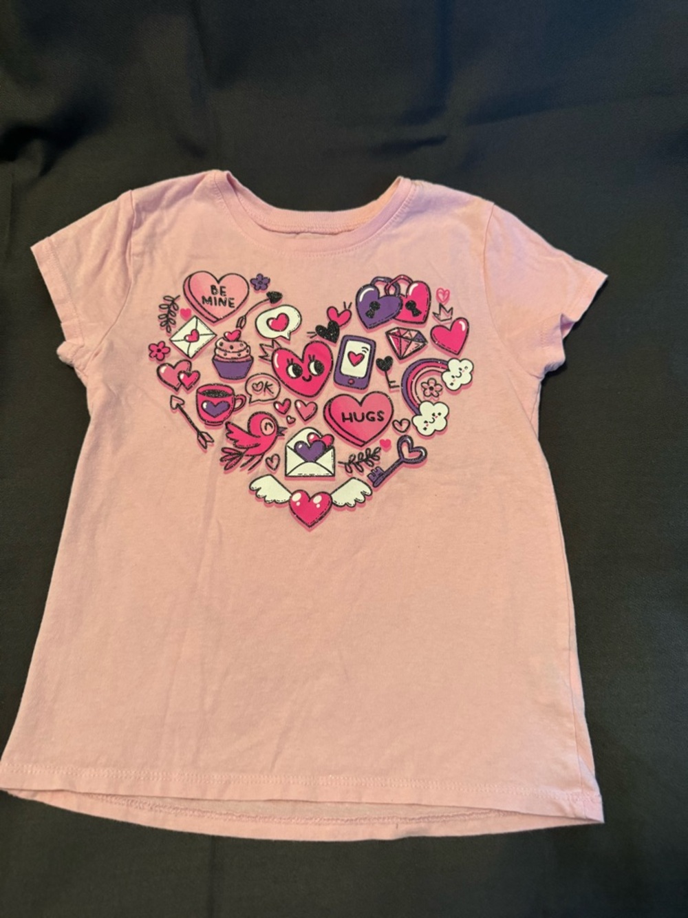 The Children's Place Girl's Pink Graphic Tee Valentine Heart Icons Sz 5/6